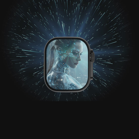 IconicTech Ultra AI³ Smartwatch mit futuristischem KI-Interface – holografische Cyber-Frau auf dem Display vor dynamischem Lichteffekt