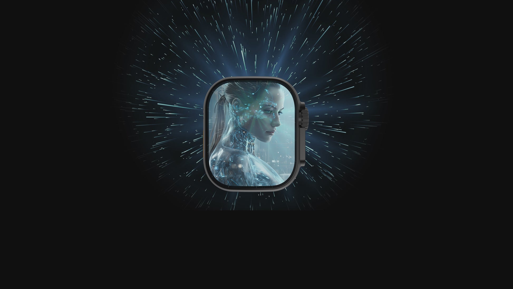 IconicTech Ultra AI³ Smartwatch mit futuristischem KI-Interface – holografische Cyber-Frau auf dem Display vor dynamischem Lichteffekt