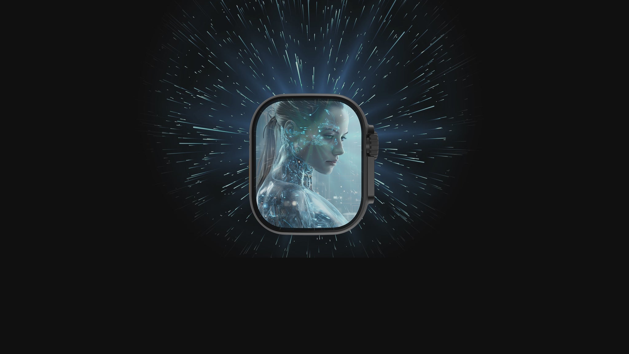 IconicTech Ultra AI³ Smartwatch mit futuristischem KI-Interface – holografische Cyber-Frau auf dem Display vor dynamischem Lichteffekt