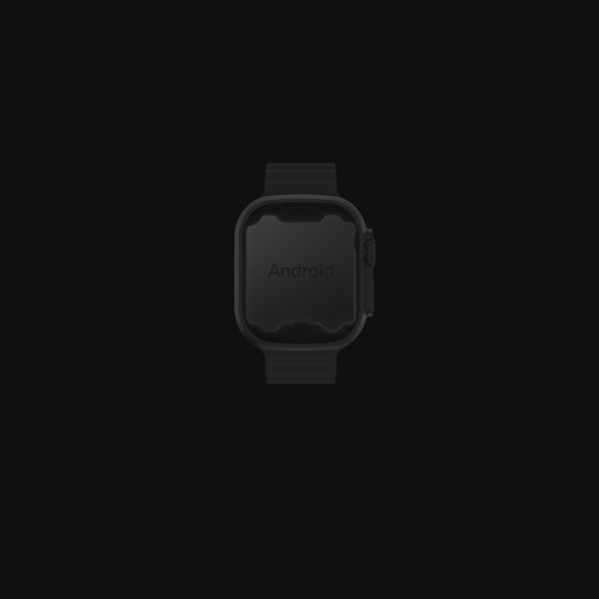 IconicTech Ultra AI³ Smartwatch in Schwarz – Rückseite des Gehäuses mit Android-Systemlogo und sportlichem Silikonarmband
