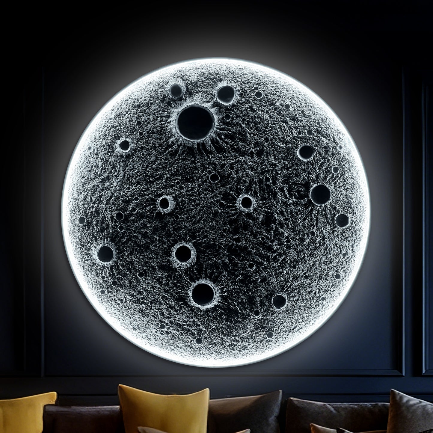 unmoon LED-Mond-Wandleuchte in neutralweiß – realistisches 3D-Kraterdesign in Wandansicht