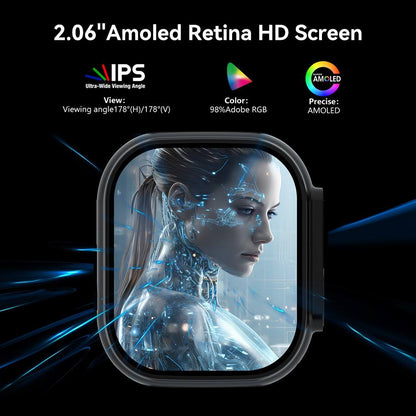 2.06 Zoll AMOLED Retina HD Display der Ultra AI3 Smartwatch mit futuristischem holografischem Motiv und breitem 178-Grad-IPS-Blickwinkel